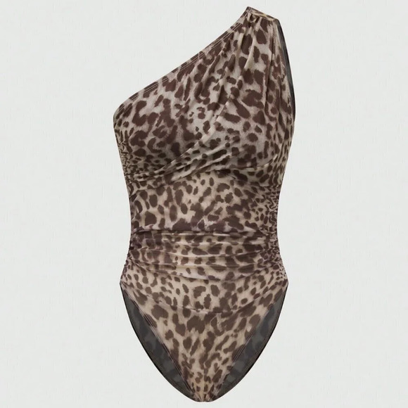 Multicolor Casual Women's Leopard Print Oblique Shoulder Bodysuit - Picture 4 of 7